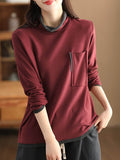 Momentlover Pockets Contrast Color Loose Long Sleeves High Neck T-Shirts Tops