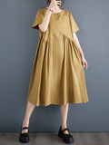 Momentlover Split-Joint Solid Color Pockets Pleated Asymmetric Loose A-line Round-neck Midi Dresses