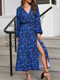 Momentlover Split-Side Leopard Elasticity Drawstring Puff Sleeves Loose V-Neck Midi Dresses