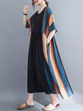 Momentlover Loose Contrast Color Striped Pleated Midi Dress