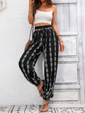 High Waisted Loose Drawstring Elasticity Pleated Printed Knickerbockers Pants Trousers