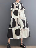 Momentlover Printed Color-Block Short Sleeves Oversize Lapel Shirt Dress Midi Dresses