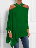 momentlover Loose Asymmetric Hollow Solid Color Cold Shoulder Blouses&Shirts Tops
