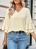 Momentlover Solid Color Ruffle Sleeves Loose V-Neck T-Shirts Tops