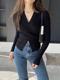 Momentlover Solid Color Knot Loose Long Sleeves V-Neck Sweater Tops Pullovers