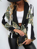 Momentlover Printed Pockets Buttoned Loose Long Sleeves Notched Collar Outerwear Blazer