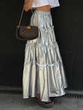 Momentlover Split-Joint Solid Color Pleated Elasticity Loose High Waisted Skirts