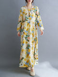 Momentlover Split-Joint Flower Print Loose Long Sleeves Round-Neck Midi Dresses