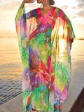 Momentlover Batwing Sleeves Loose Printed See-Through Split-Joint V-Neck Cover-Ups Maxi Dresses