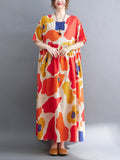 Momentlover Artistic Retro Short Sleeves Loose Contrast Color Printed Round-Neck Midi Dresses