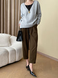 Momentlover Buttoned Asymmetric Loose Long Sleeves V-neck Sweater Tops