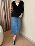 Momentlover Buttoned Asymmetric Loose Long Sleeves V-neck Sweater Tops
