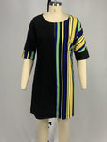 Momentlover Striped Contrast Color Asymmetric Plus Size Loose Round-neck Mini Dresses