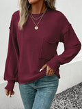 Momentlover Split-Joint Solid Color Pockets Loose Long Sleeves Round-Neck Sweater Tops Pullovers
