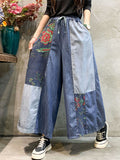 Momentlover Casual Wide Leg Loose Color-Block Bandage Embroidered Jean Pants Bottoms