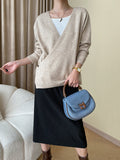 Momentlover Buttoned Asymmetric Loose Long Sleeves V-neck Sweater Tops