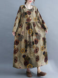 Momentlover Artistic Retro Loose Long Sleeves Printed Round-Neck Maxi Dresses