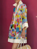 Momentlover Long Sleeves Loose Printed Split-Joint Lapel Mini Dresses Shirt Dress