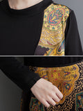 Momentlover Split-Joint Printed Asymmetric Loose Long Sleeves Round-Neck Midi Dresses