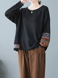 Momentlover Split-Joint Printed Loose Long Sleeves Round-Neck Sweater Tops Pullovers