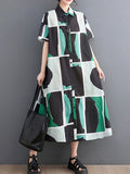 Momentlover Printed Color-Block Short Sleeves Oversize Lapel Shirt Dress Midi Dresses