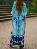 Momentlover Split-side Butterfly Print Short Sleeves Loose V-neck Maxi Dresses Beach Cover-Up