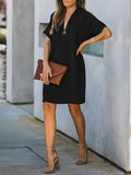 Momentlover Solid Color Short Sleeves Loose V-Neck Mini Dresses
