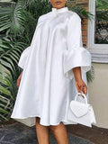 Momentlover Urban Buttoned Solid Color Stand Collar Flared Sleeve Loose Midi Dress