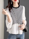 Momentlover Split-Joint Plaid Elasticity Puff Sleeves Loose Round-Neck T-Shirts Tops