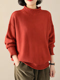 Momentlover Casual Loose Long Sleeves Solid Color High-Neck Sweater Tops