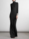 Momentlover Long Sleeves Skinny Solid Color High Neck Maxi Dresses