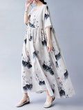 Momentlover Split-Joint Printed Pleated Short Sleeves Loose Round-neck Midi Dresses