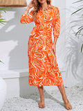Momentlover Tied Waist Printed Elasticity Nine-Minute Sleeve High Waisted V-Neck Shirt Dress Midi Dresses