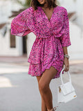 Momentlover Printed Elasticity Double Layered Three-Quarter Sleeves Loose V-Neck Mini Dresses