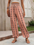 High Waisted Loose Drawstring Elasticity Pleated Printed Knickerbockers Pants Trousers