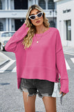 Momentlover High-Low Slit Round Neck Long Sleeve Sweater