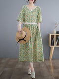 Momentlover Split-Joint Printed Pleated Hollow Short Sleeves Loose Round-Neck Midi Dresses