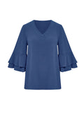 Momentlover Solid Color Ruffle Sleeves Loose V-Neck T-Shirts Tops
