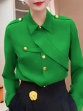 Momentlover Long Sleeves Loose Asymmetric Buttoned Lapel Blouses&Shirts Tops