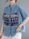 Momentlover Artistic Retro Loose Applique Printed Blouse