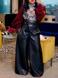 Momentlover Zipper Solid Color Belted Wide Leg High Waisted Trousers Pants