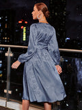 Vzyzv Floral Jacquard Knee Length Dress, Elegant Squared Neck Long Sleeve Dress, Women's Clothing