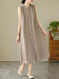 Momentlover Solid Color Pleated Buttoned Sleeveless A-Line Round-Neck Midi Dresses