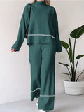 Momentlover Round-Neck High-Low Contrast Color Split-Side Sweater Top + High Waisted Pants Bottom Two Pieces Set