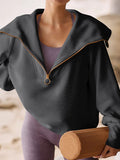 Momentlover Zipper Solid Color Loose Long Sleeves V-Neck Sweatshirt Tops