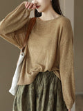 Momentlover Solid Color See-Through Loose Long Sleeves Round-Neck Sweater Tops