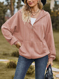 Long Sleeves Loose Drawstring Hooded Pockets Solid Color Zipper V-Neck Outerwear