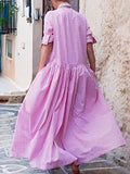 Momentlover Long Sleeves Loose Buttoned Plaid Pleated Split-Joint Lapel Maxi Dresses