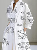 Momentlover Long Sleeves Loose Letter Print Lapel Midi Shirt Dresses