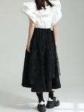 Momentlover Split-Joint Solid Color Pleated Falbala Short Sleeves Loose Round-Neck Blouses